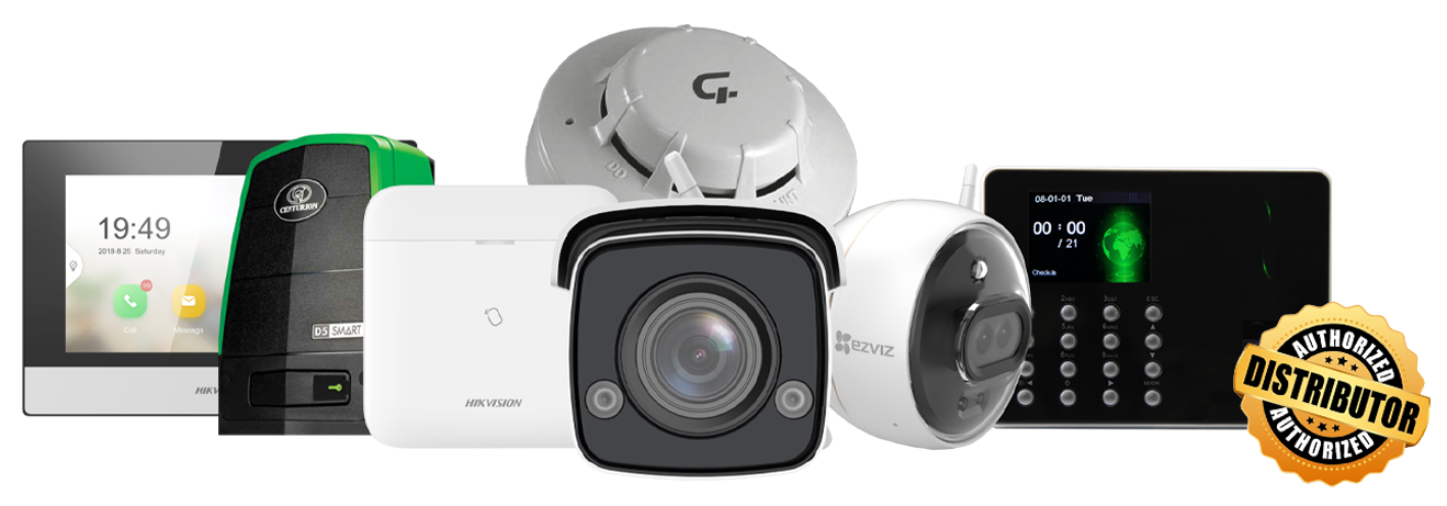 Assorted security products including cameras, intercom, access control and fire detector