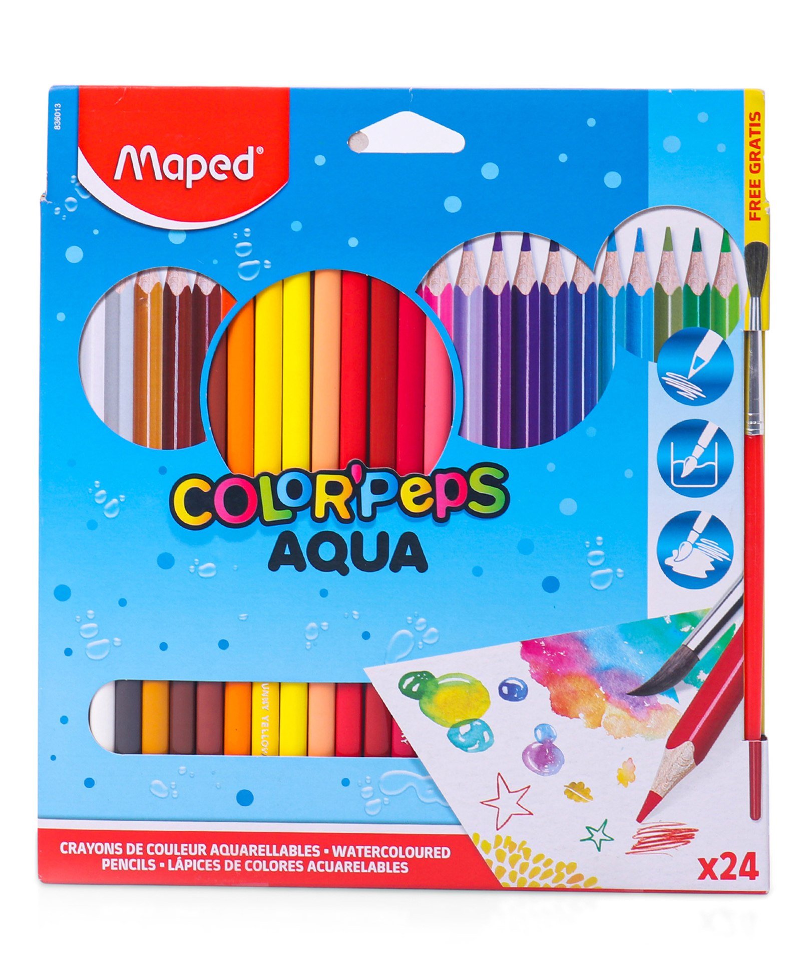 MAPED WATER COLOR PENCILS COLOR'PEPS X24+PAINTBRUSH FREE CARD BOX REF  836013