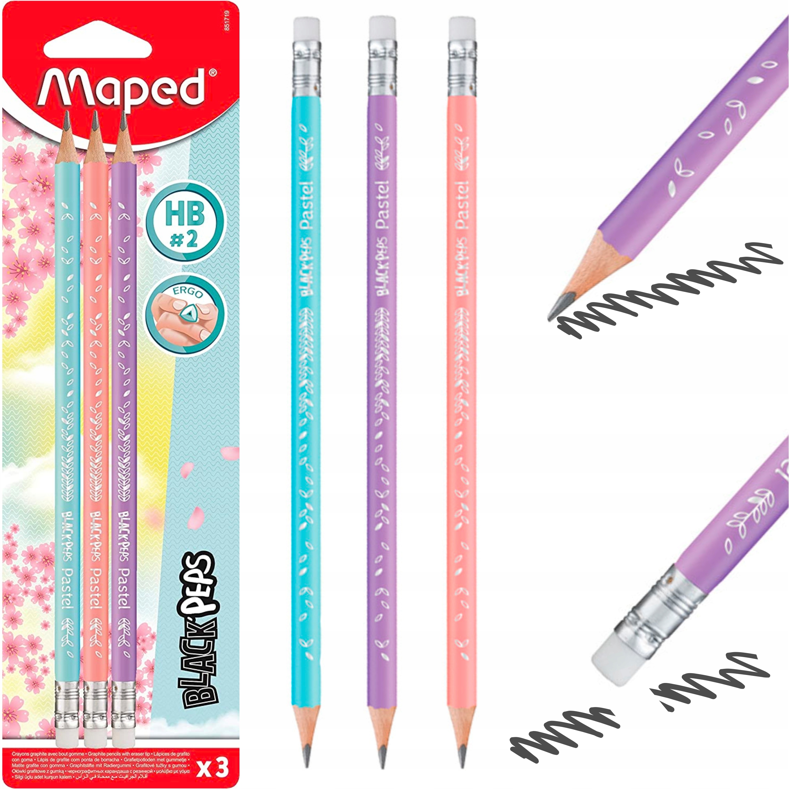 Pencil Graphite Pastel  Eraser End HB X 3 Blister MAPED 851719