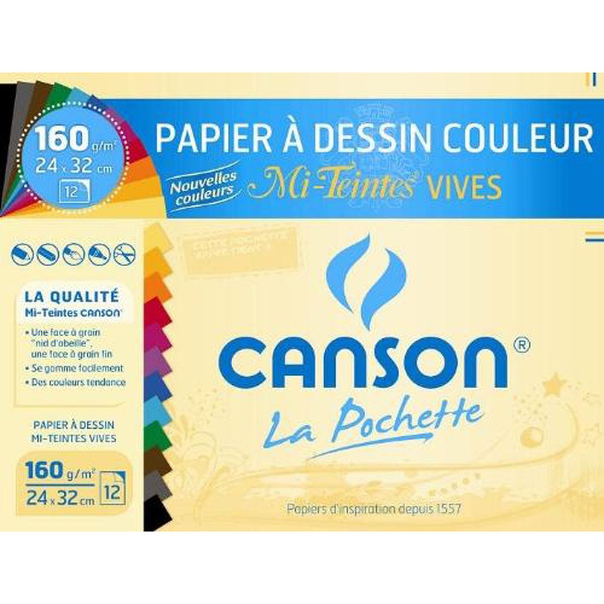 Canson Pochette Mi-Teintes Vives 160G 12Fl