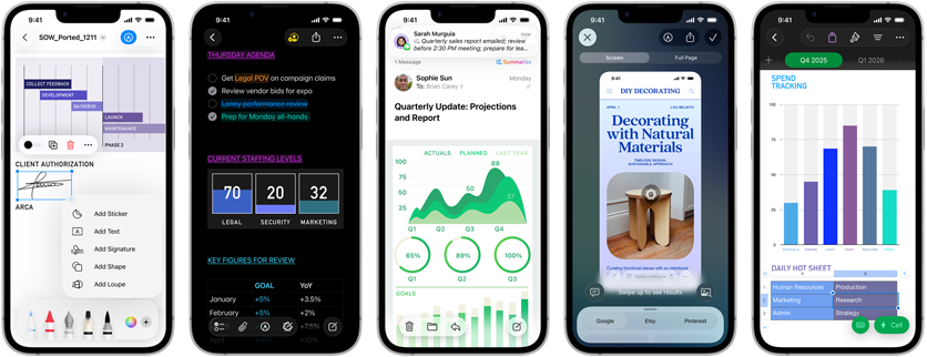 A few side-by-side iPhone 17e devices in portrait orientation showcasing performance with different graphs, charts and productivity business apps like Preview, Notes, Mail, Visual Intelligence and Numbers