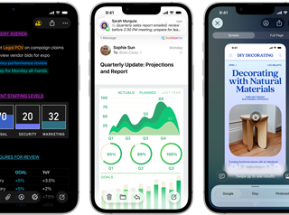 A few side-by-side iPhone 17e devices in portrait orientation showcasing performance with different graphs, charts and productivity business apps like Preview, Notes, Mail, Visual Intelligence and Numbers