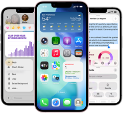 Few side-by-side iPhone 17e devices showing a photo of a graph in the Messages app, home screen with the Weather widget and apps displayed, and Notes app with Apple Intelligence Writing Tools in use