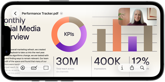 iPhone 17e in landscape orientation displaying a FaceTime call to review a presentation on Preview