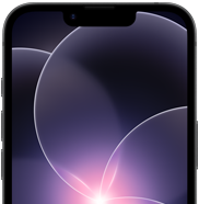 Partial view of black iPhone 17e in portrait orientation, highlighting durable display with a wallpaper image of a purple flower in Liquid Glass design