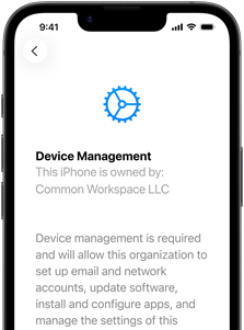 Partial view of iPhone 17e in portrait orientation, displaying the Settings app with Device Management open