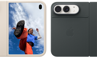 iPhone Duo, Star White color in Sand Silicone Case, landscape orientation, fully opened horizontally, Dual Fusion cameras on the top left, case covers the back exterior and outer edge of the front display, right side features portrait of person on outer display. iPhone Duo, Star White color, fully opened horizontally, Navy Blue Folio with Kickstand, fully opened horizontally, back exterior featuring the 48MP Dual Fusion rear cameras, two lenses