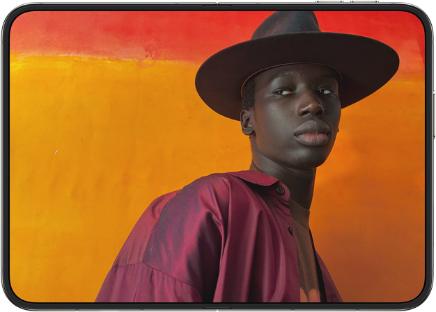 iPhone Duo opened in horizontal position, showing a close-up photograph of a male model wearing a stylish hat and a red shirt.