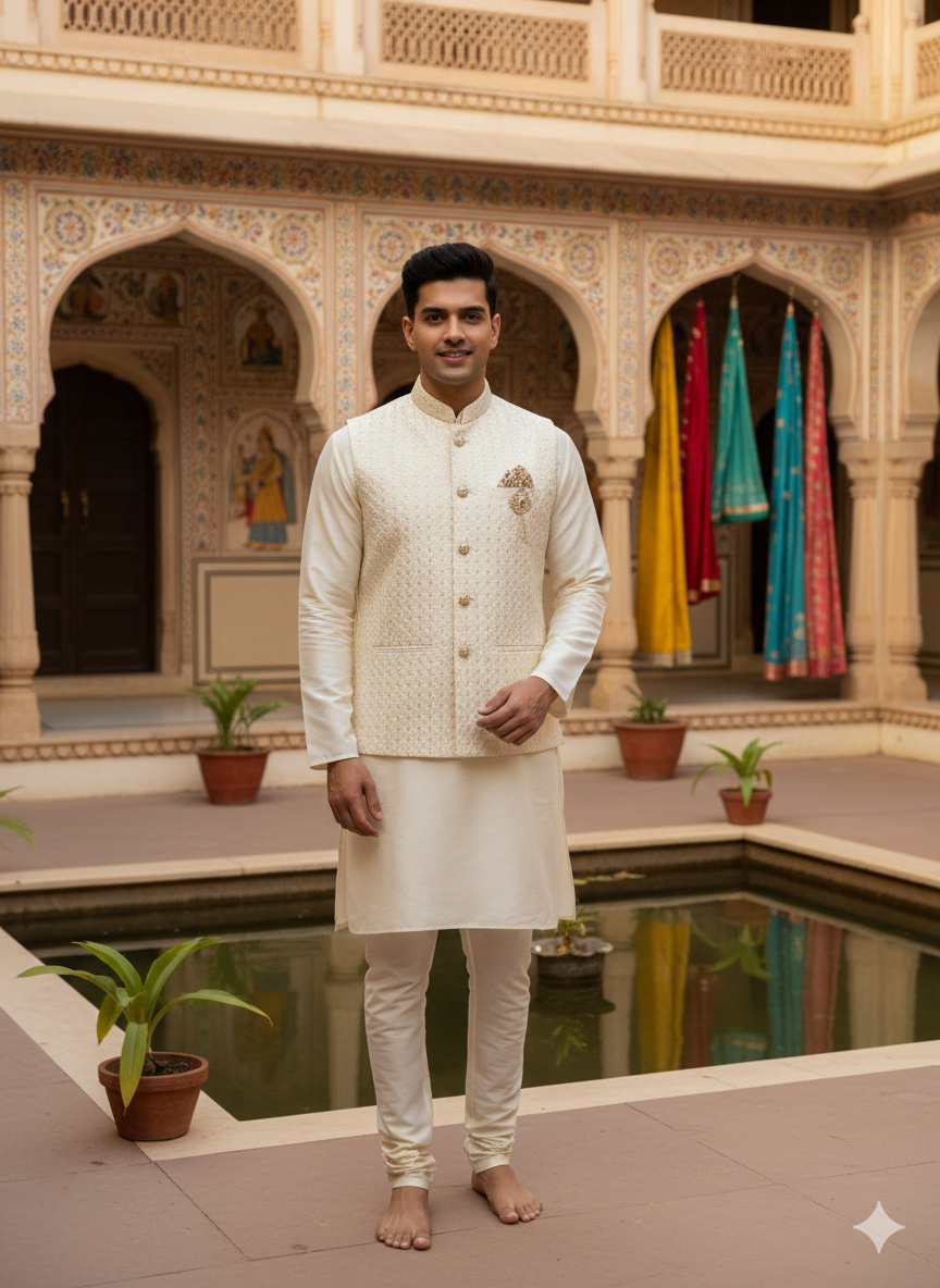 MEN ETHNIC KURTA PYJAMA WITH WAISTCOAT