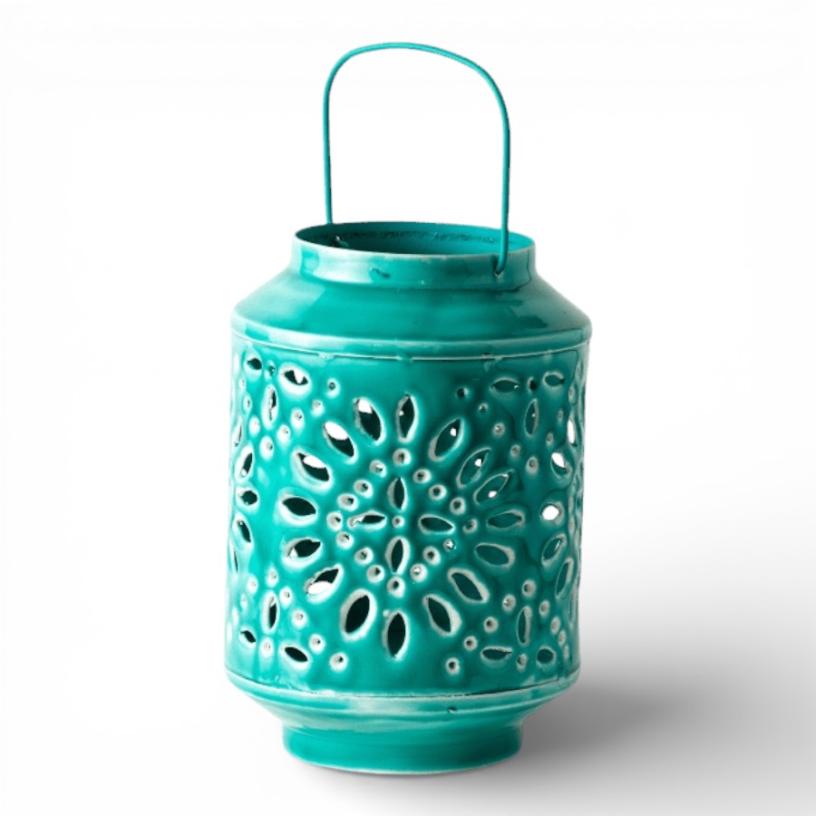 KODAGU - LANTERN IRON WITH HANDLE DARK TEAL 15X23