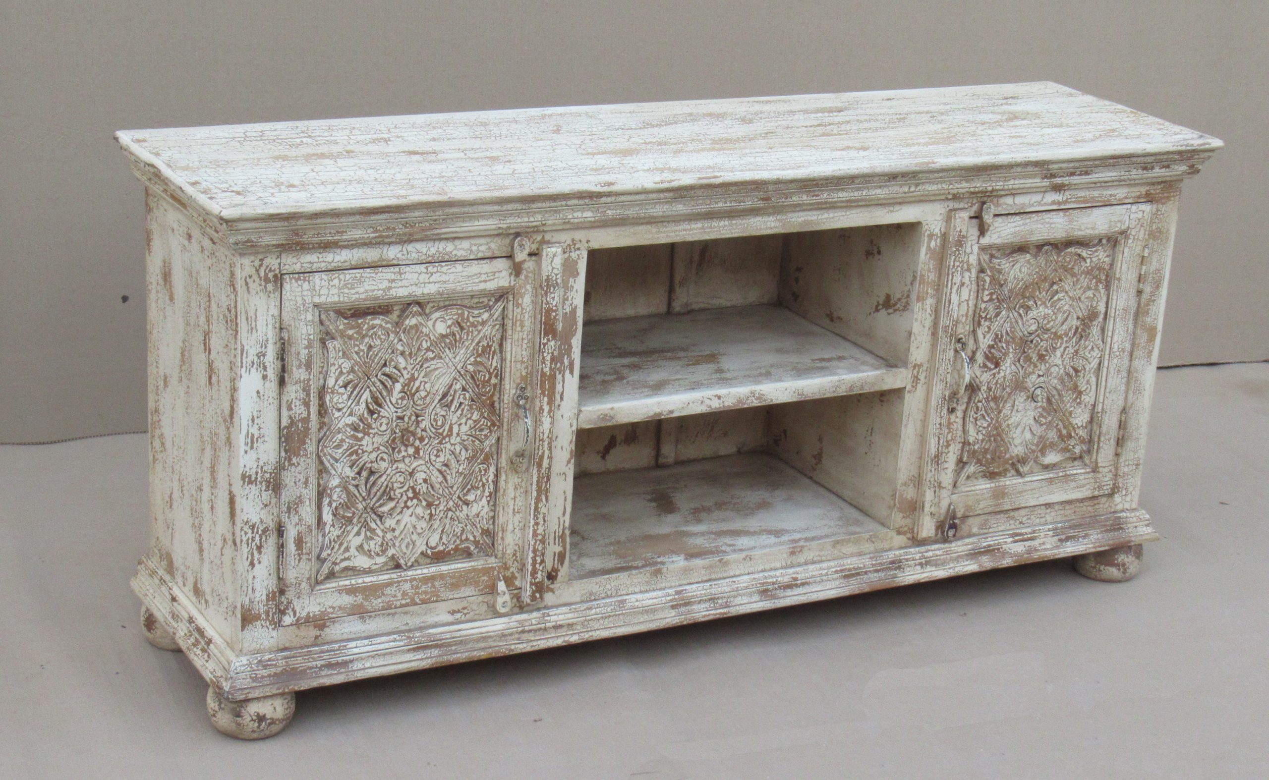 KAELA - TV CABINET 2 DOORS CARVED WHITE 150 X 40 X H 69 CM
