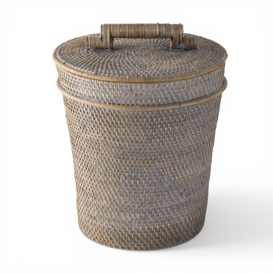 CALISTA - DUSTBIN RATTAN WITH COVER ROUND GREY 25 X 28 CM