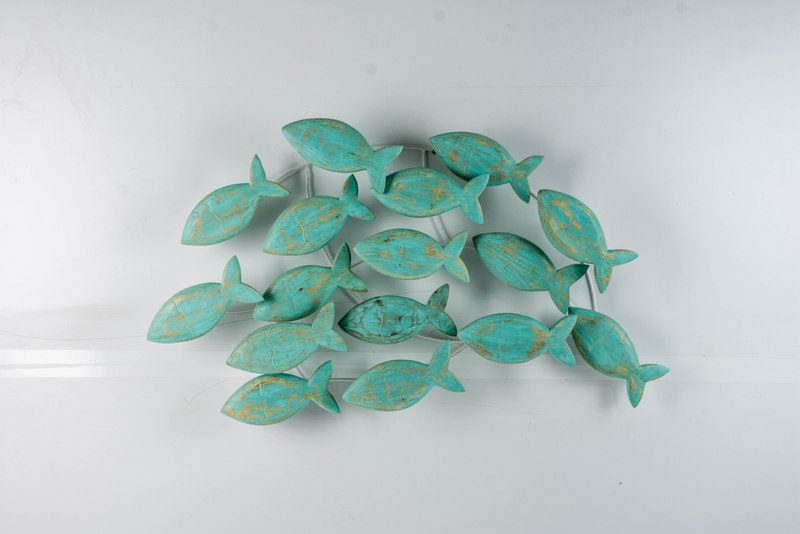 COASTAL - WALL DECO FISH FLOATING WOOD TEAL 80 CM