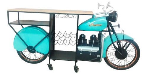 INDIAN  - BAR TABLE BIKE BLUE WITH 8 BOTTLES GLASS RACK 210X41XH95