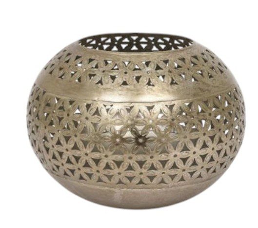 DAHA  - CANDLE HOLDER IRON ROUND WITH CUT WORK BIG NICKEL ANTIQUE SILVER D20XH16