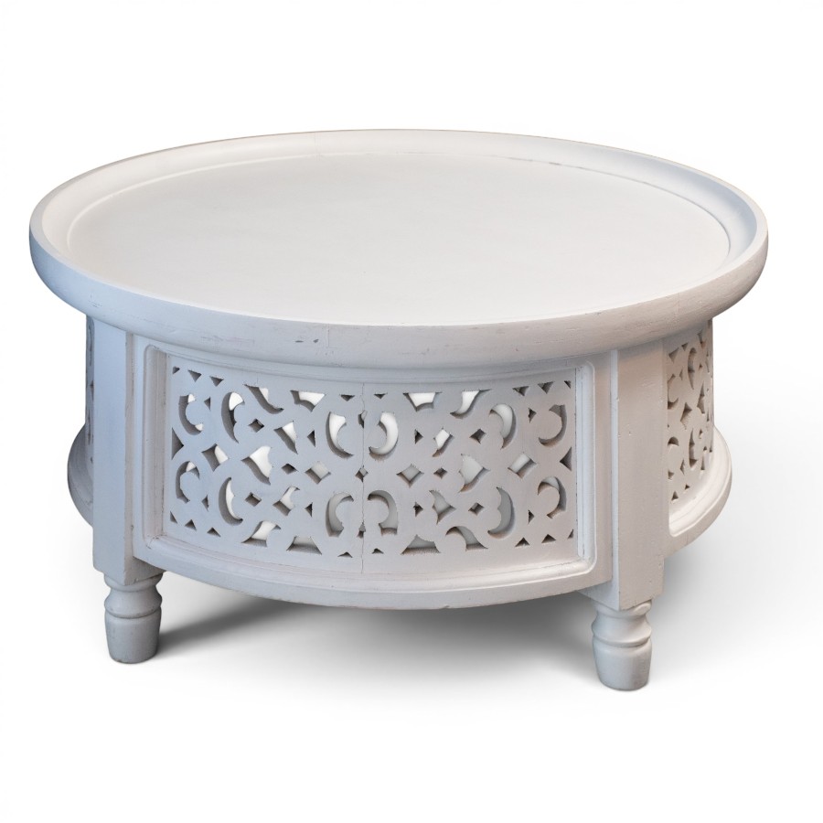 COFFEE TABLE ROUND CARVED WOOD WHITE D92XH47
