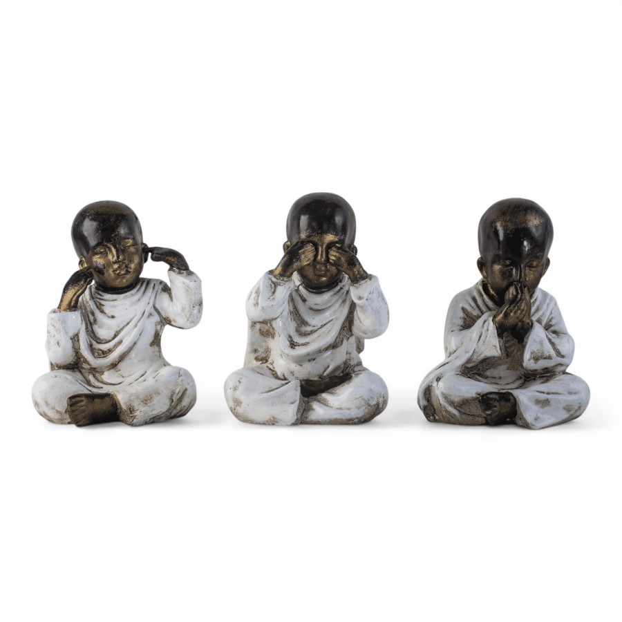TOUBORO - MONKS IN RESIN WHITE ANTIC SET OF 3 H 20