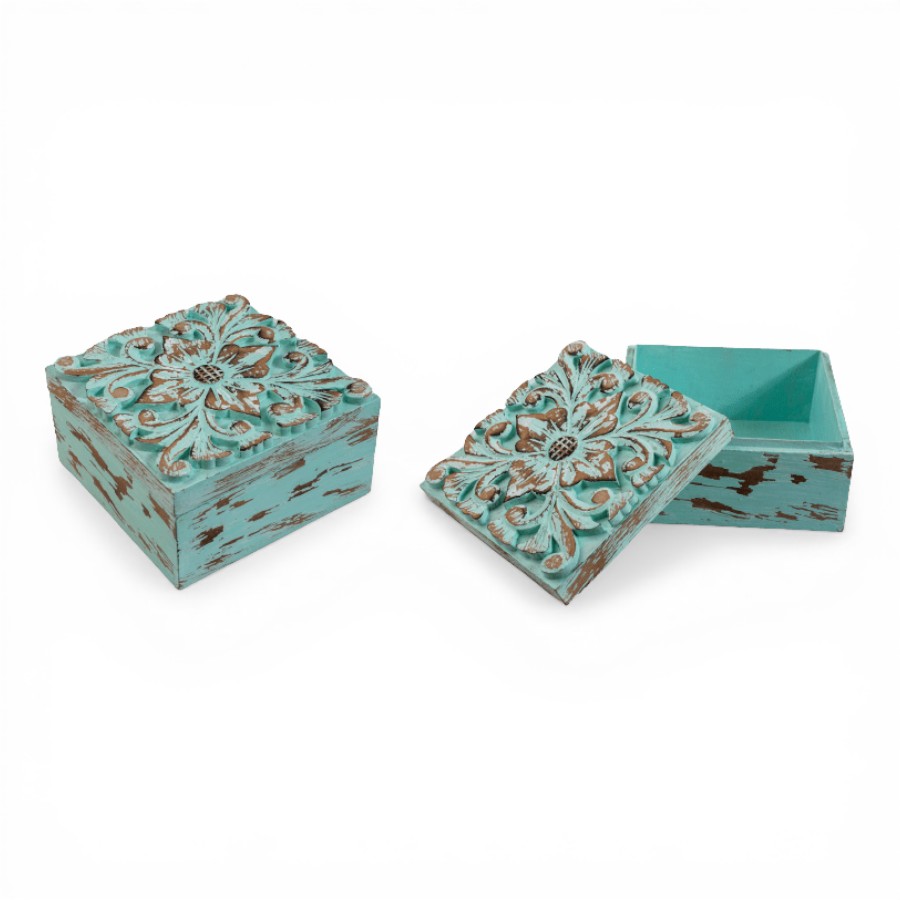 MAKASI - BOX WOOD SMALL TEAL WASH 20L X 20W X 10H