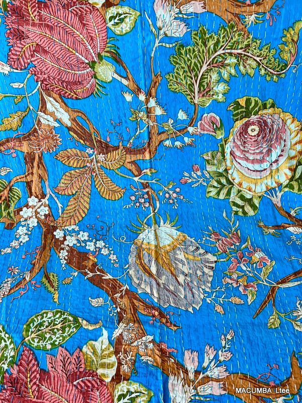 KANTHA - BEDCOVER LIGHT BLUE PRINTED FLOWER 145X215