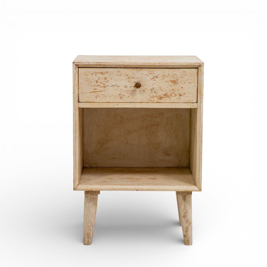 AKASH - BEDSIDE TABLE WHITE DISTRESS WOOD 1 DRAWER 40X35XH57