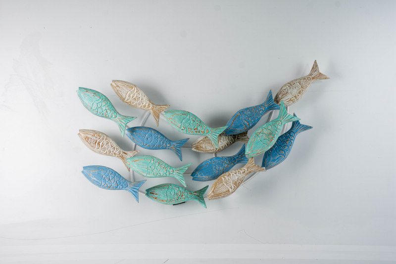 MENARA - WALL DECO FISH FLOATING WOOD TEAL BLUE WHITE 80 CM