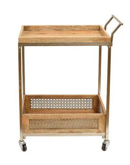 BARKA  - TROLLEY TRAY WOOD NATURAL AND METAL NICKEL ANTIQUE 72X40XH94