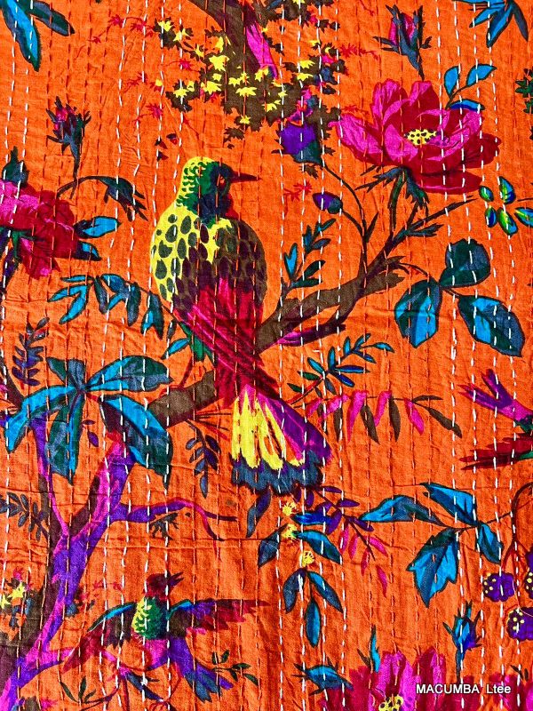 SUNDARI - BEDCOVER ORANGE PRINTED BIRD FLOWER 210X260