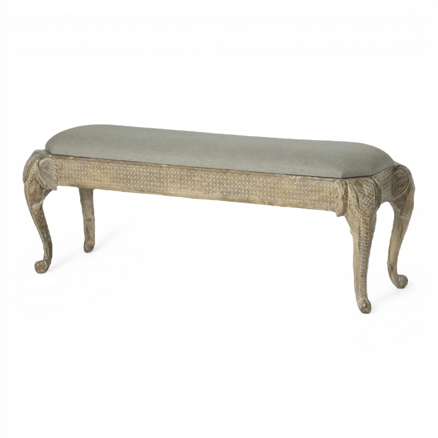 RAJARI - BENCH WHITE DISTRESS IN WOOD WITH ELEPHANT HEAD 127 X 41 X H 48 CM