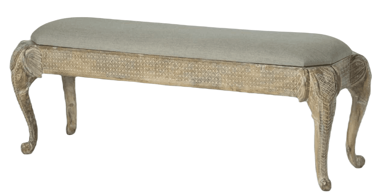 RAJARI - BENCH WHITE DISTRESS IN WOOD WITH ELEPHANT HEAD 127 X 41 X H 48 CM