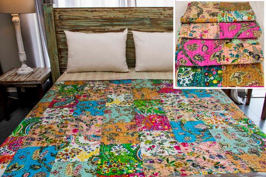 FUJI - BEDCOVER KANTHA PATCHWORK TROPICANNA PRINTS 220 X 270 CM
