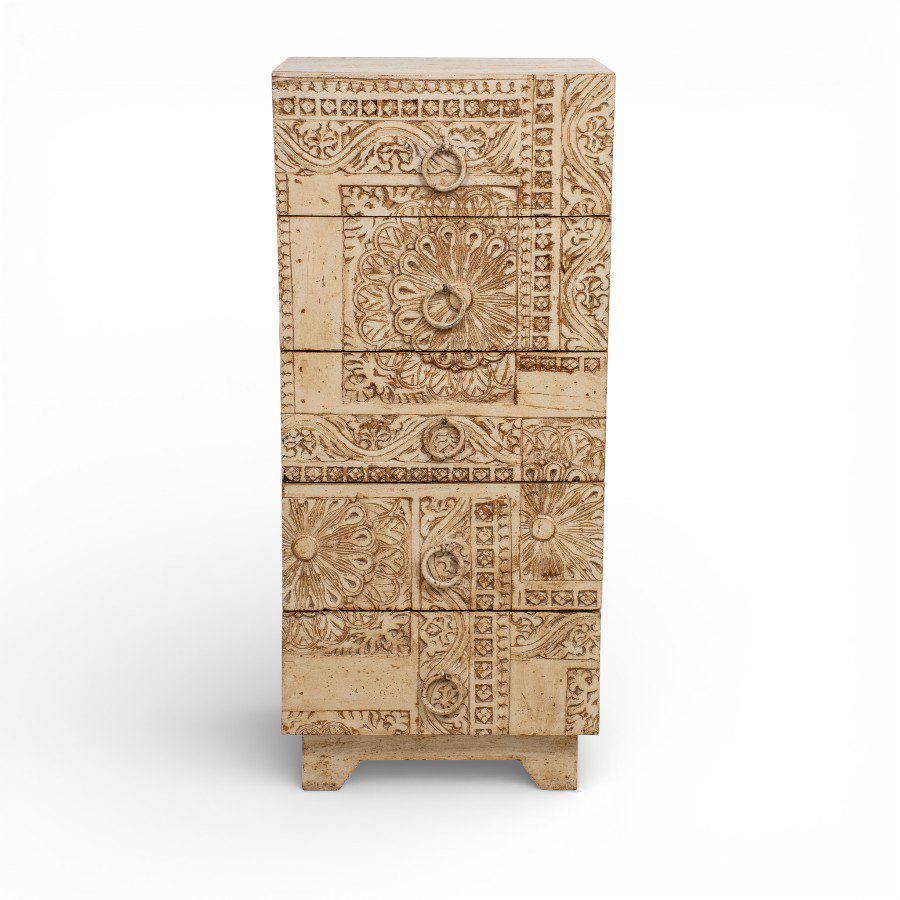 POOJA - CABINET CARVED WHITE WOOD 5 DRAWERS 45X39XH101