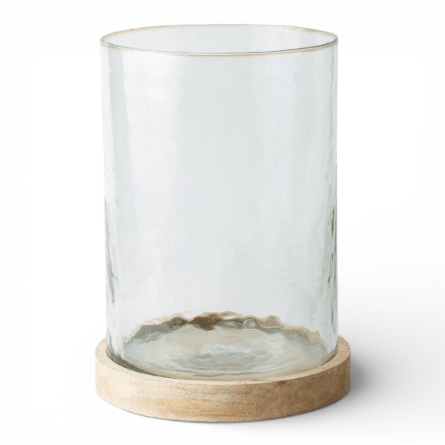 VISAK - CANDLE HOLDER CLEAR GLASS WITH WOOD BASE 25X17 50