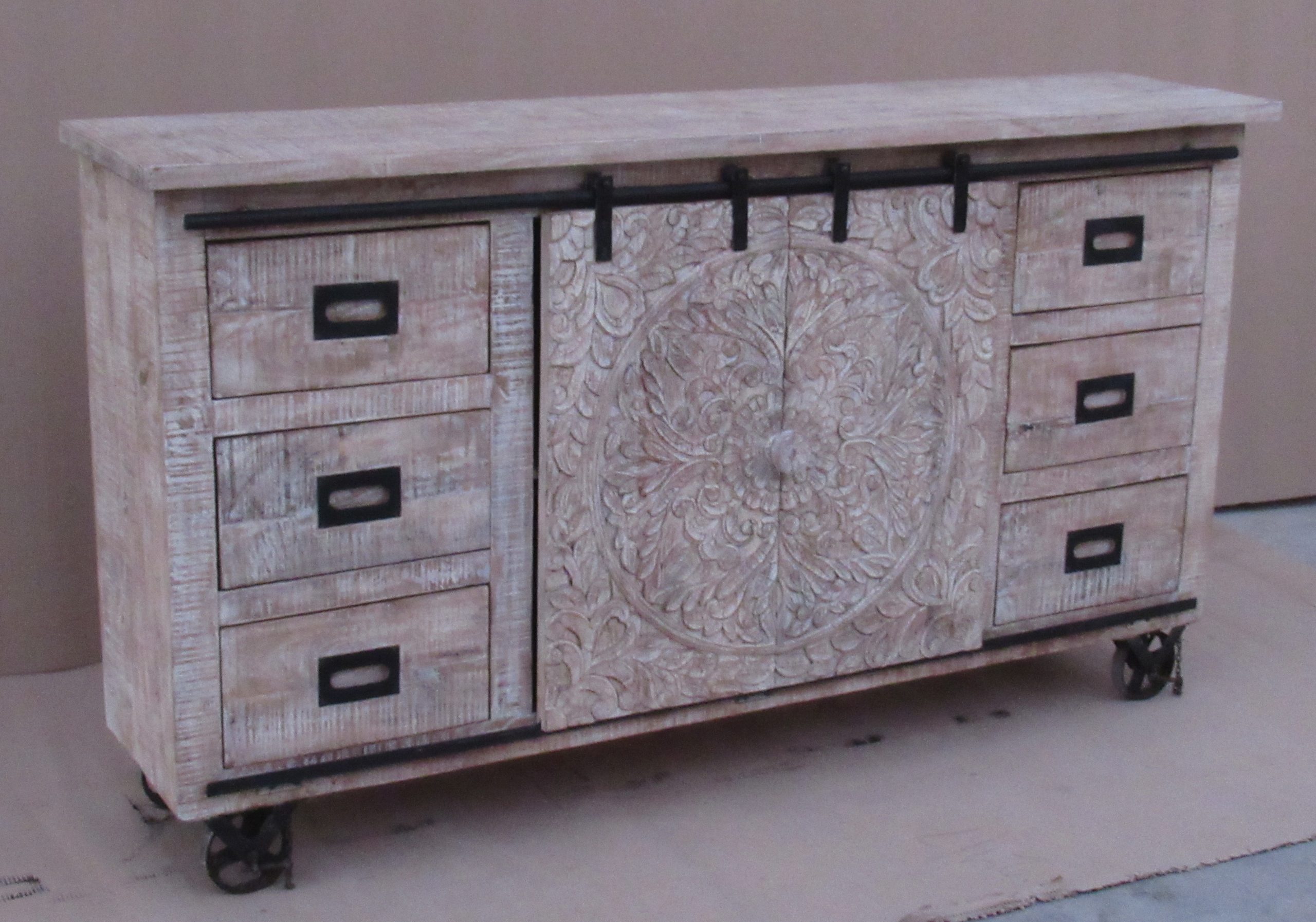 BAILLACHE - SIDEBOARD CARVED WOOD WITH SLIDING DOORS CARVED WHITE 180 X 40 X H 100 CM