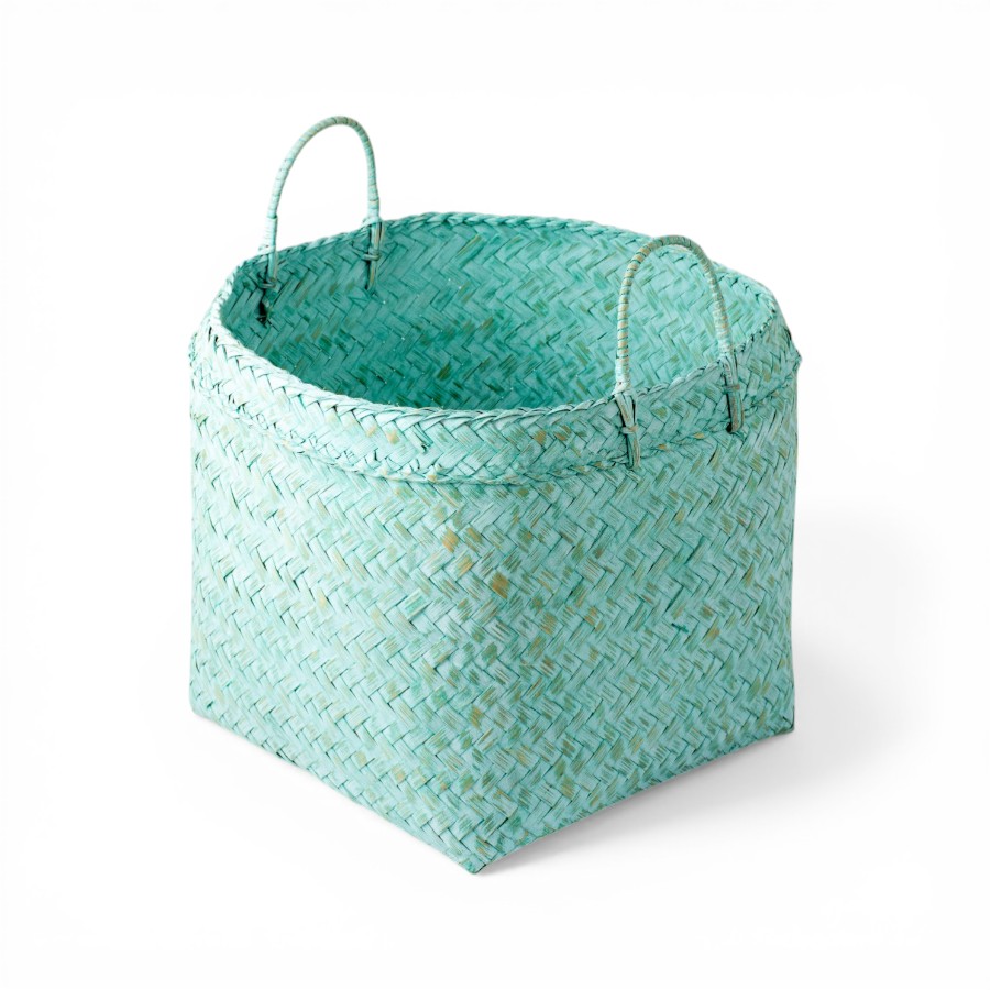 HERMIZIA - BASKET RATTAN ROUND TEAL WASH SMALL 22 X 38 CM