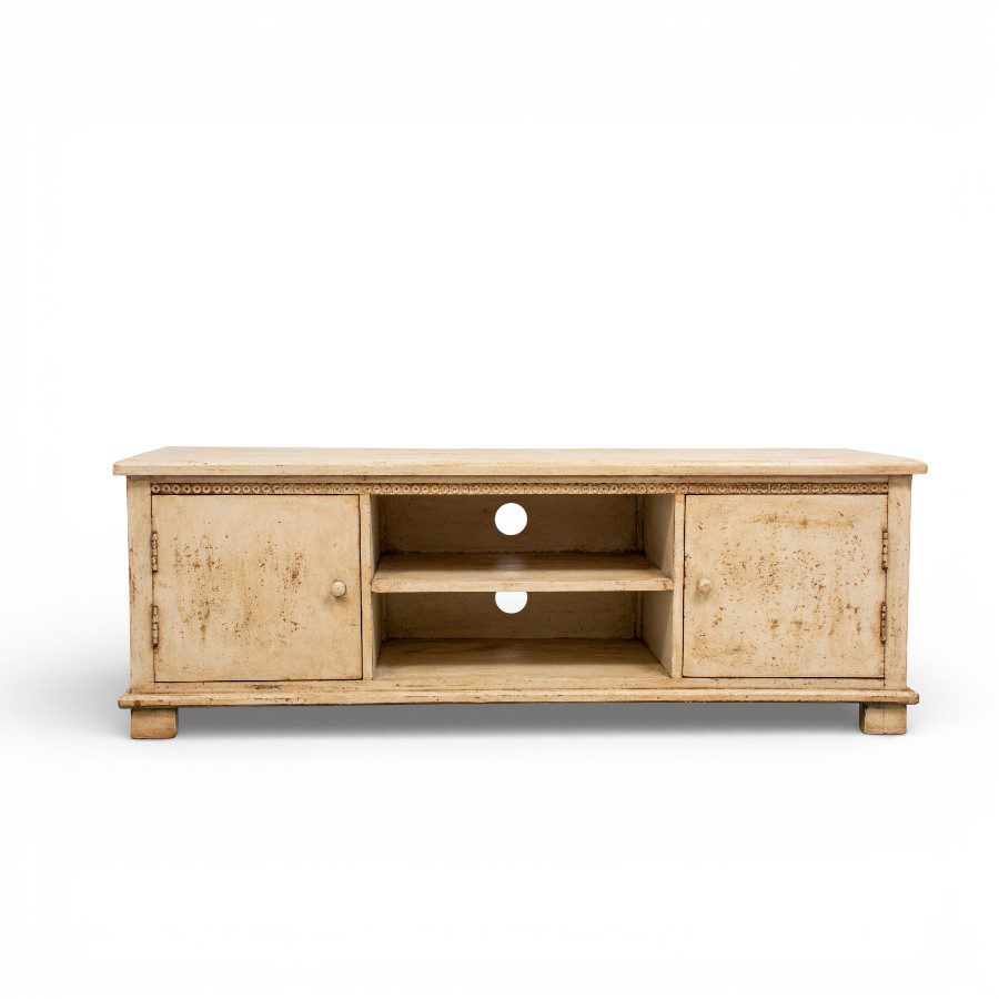 NEHA - TV CABINET WHITE DISTRESS WOOD 2 DOORS 140X40XH50