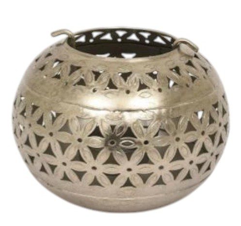 DAHA  - CANDLE HOLDER IRON ROUND WITH CUT WORK SMALL NICKEL ANTIQUE SILVER D12XH11