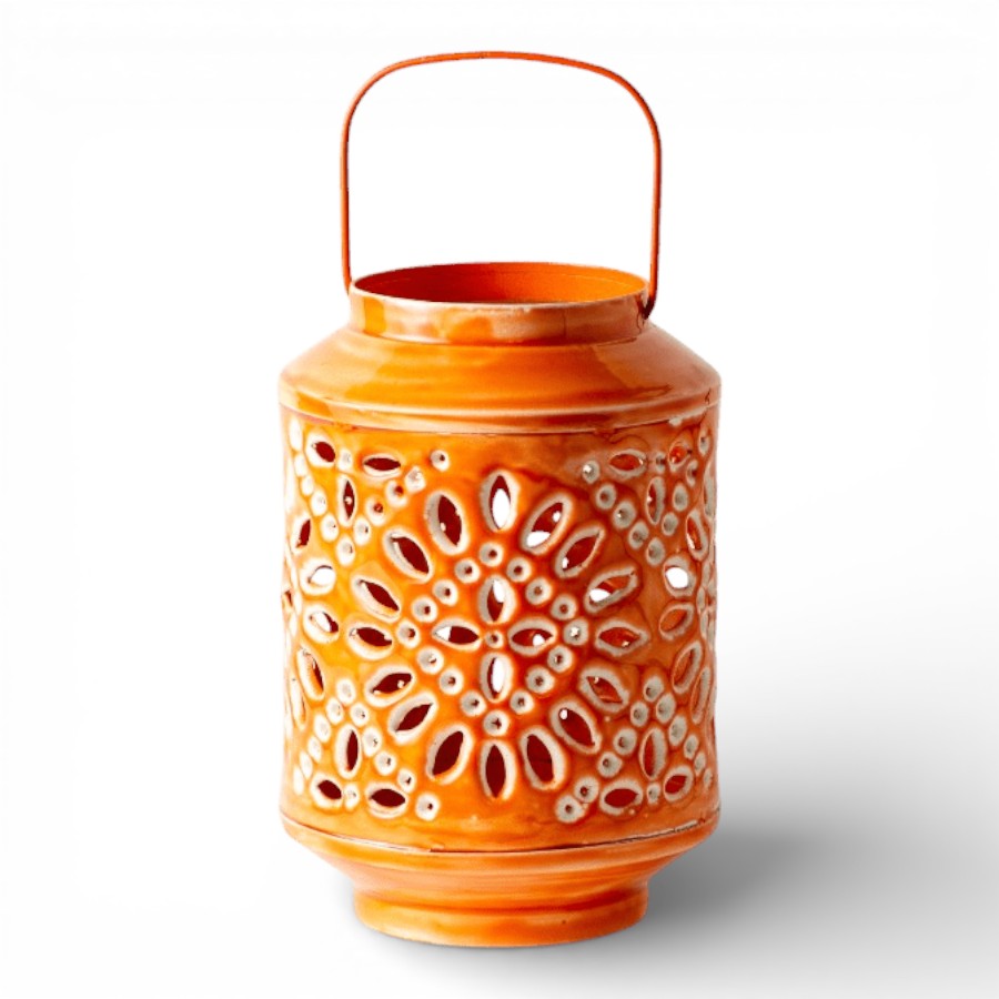 KANUR - LANTERN IRON WITH HANDLE ORANGE 15X23