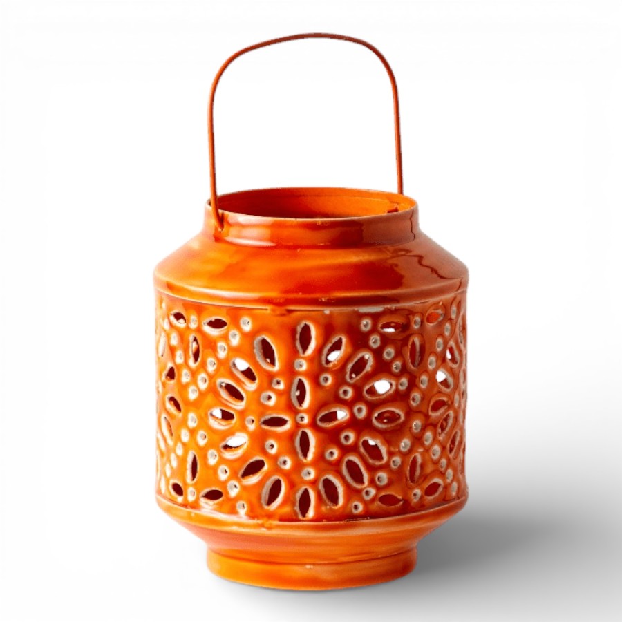 GURAJAT - LANTERN IRON WITH HANDLE ORANGE 15X18