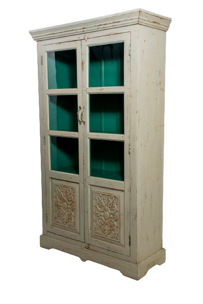 FELLAH - CABINET CARVED WHITE W - 2 GLASS DOOR 105L X 40W X 181H CM