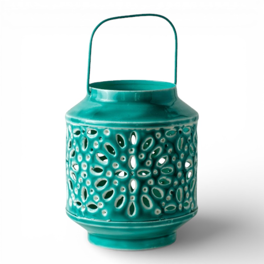 BIHAR - LANTERN IRON WITH HANDLE DARK TEAL 15X18