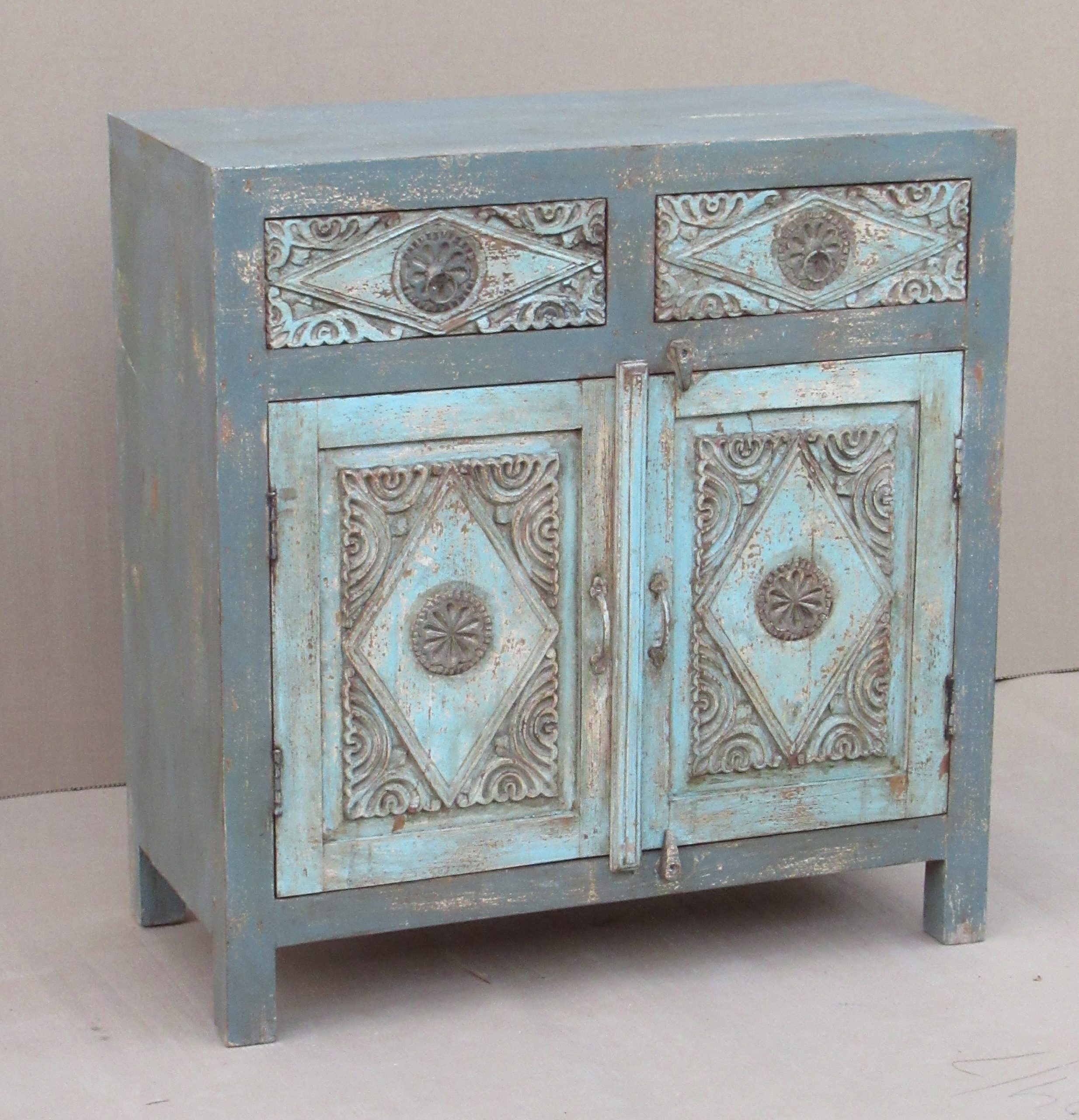 INDIA - SIDEBOARD CARVED WOOD W -  2 DOORS 2 DRAWERS BLUE & GREY 85 X 40 X H 90 CM