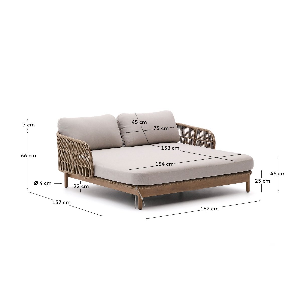 Catalina double sun lounger in beige rope cord and FSC 100% solid acacia wood