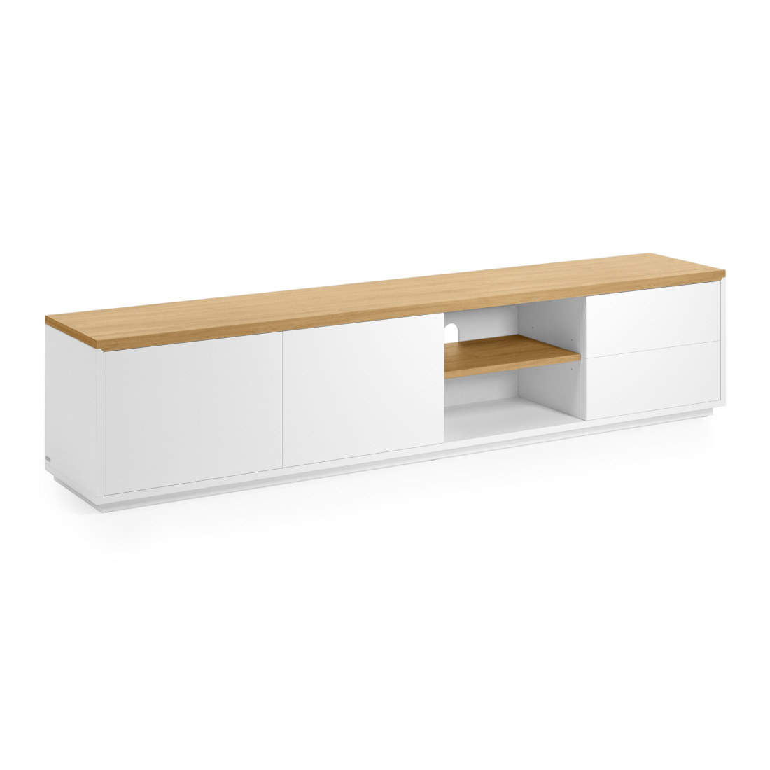 Abilen oak wood veneer TV stand with 2 doora and 2 drawers in white lacquer. 200 x 44 cm FSC 100%