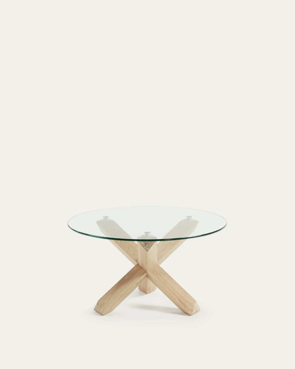 Lotus glass top coffee table with solid oak wood legs.  65 cm