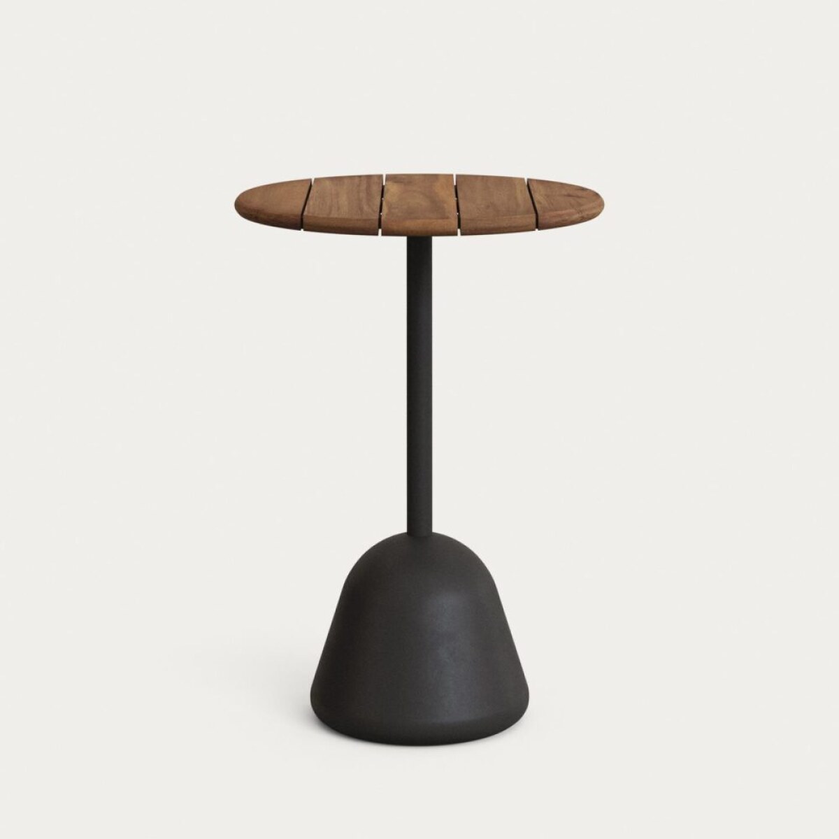 Saura high bar table with walnut-finished acacia top and black cement base Ø70x99 cm