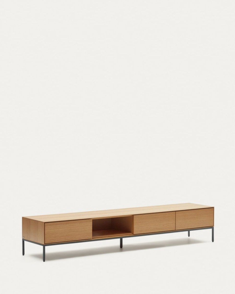 Vedrana 3 drawer TV stand in oak veneer with black steel legs. 195 x 35 cm
