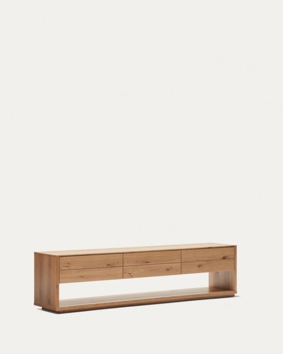 Alguema TV stand with 3 drawers in oak veneer with natural finish. 200 x 51 cm