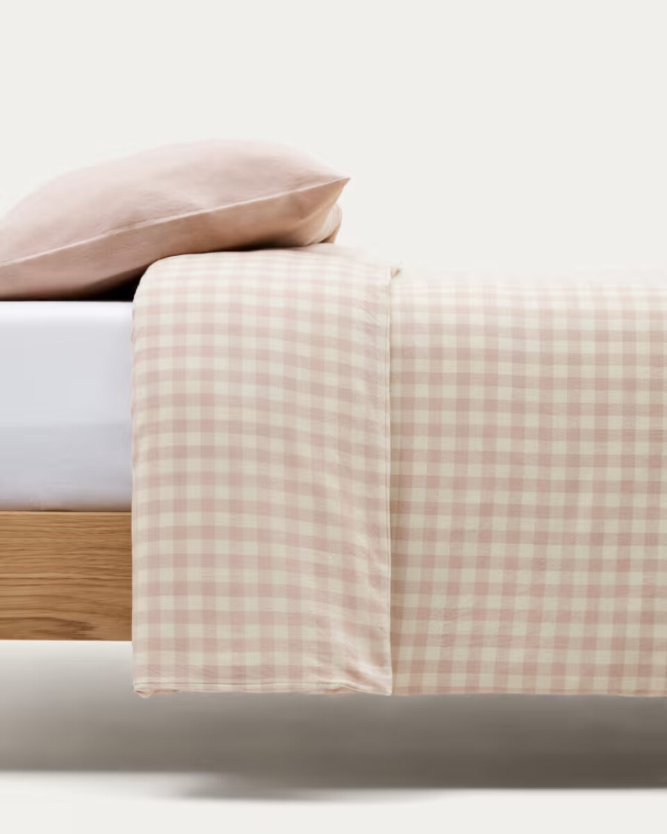 Set Yanil duvet cover. bottom and pillowcase 100% cotton pink and beige squares 70x140cm