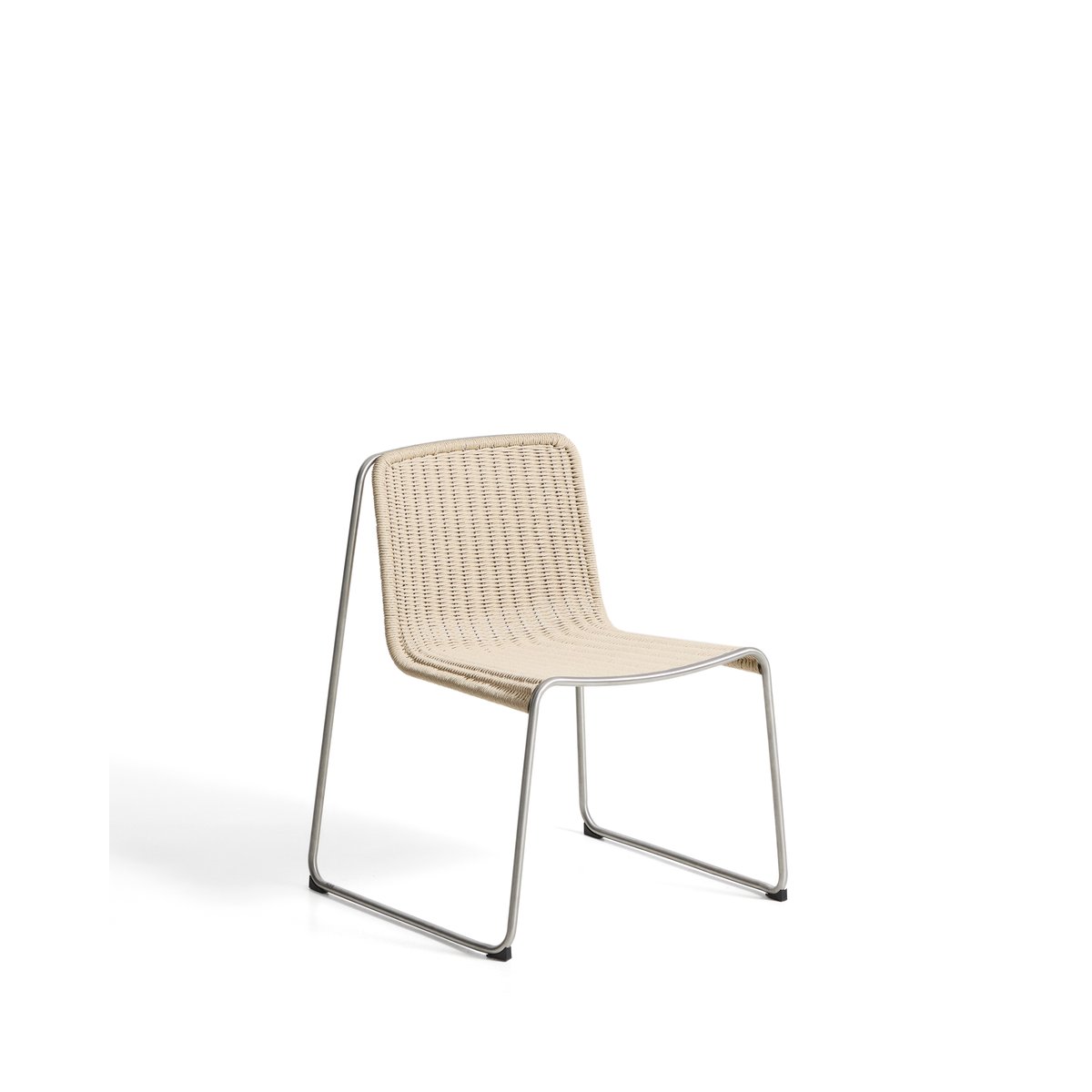 Tavari stackable chair in beige synthetic rope cord and AISI 304 stainless steel with brushed finish