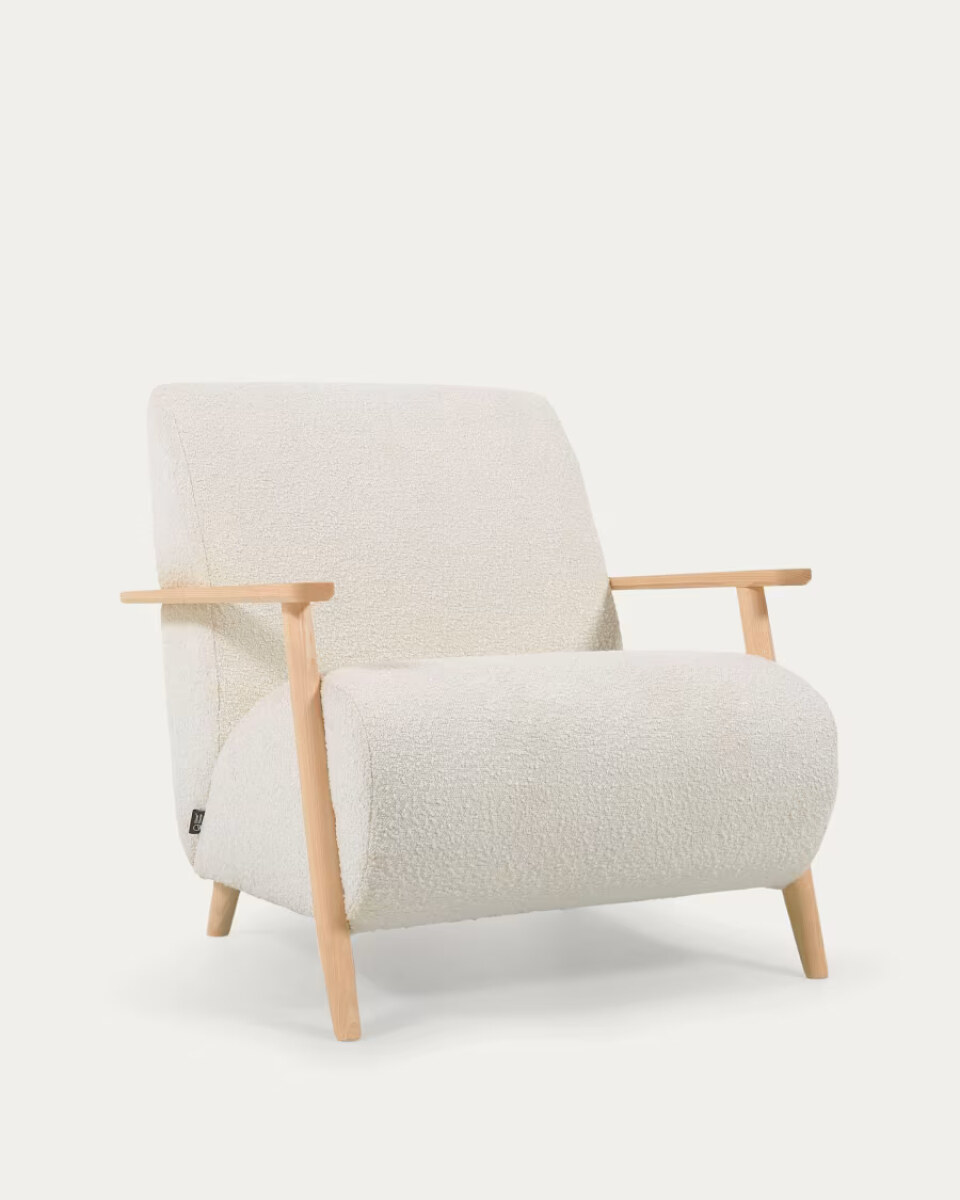 Meghan armchair in white boucl with solid ash legs with natural finish